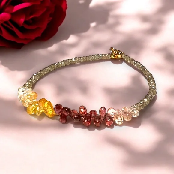 Natural Green , Plum and Yellow Sapphire Bracelet Handmade Solid 14K Yellow Gold - Picture 9 of 11